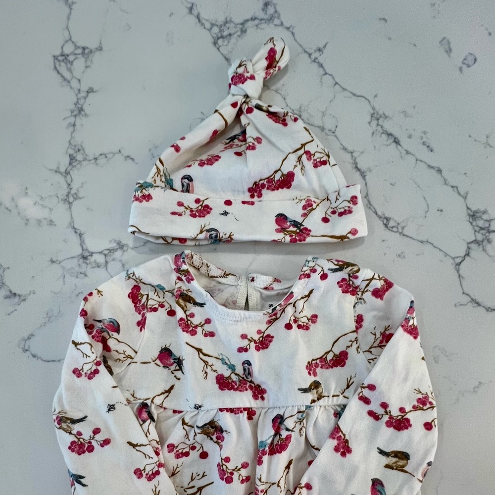 NWOT Burt’s Bees Baby Bird and Berries Onsie with hat size 3-6 Months